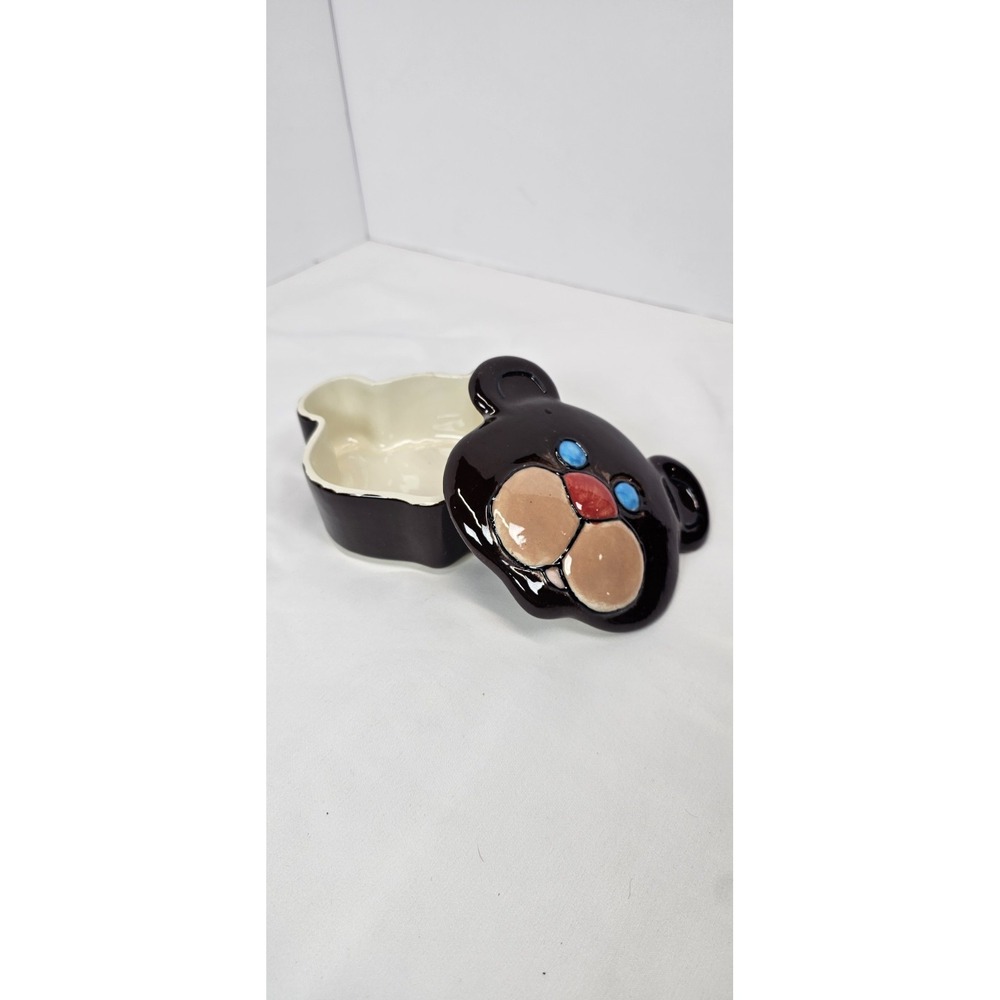 Vintage Teddy Bear Ceramic Trinket Box Brown Bear Lidded Dish Cute Decor
